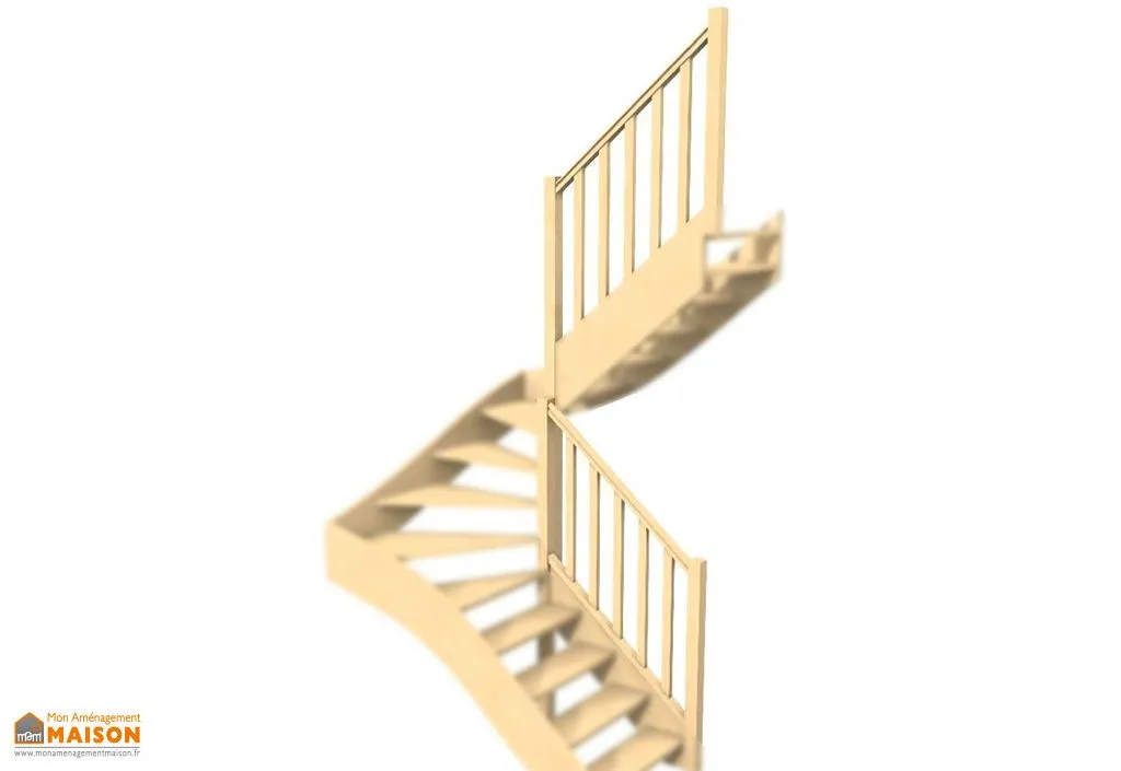 Rampe à fuseaux en sapin pour escalier double quart tournant Levigne