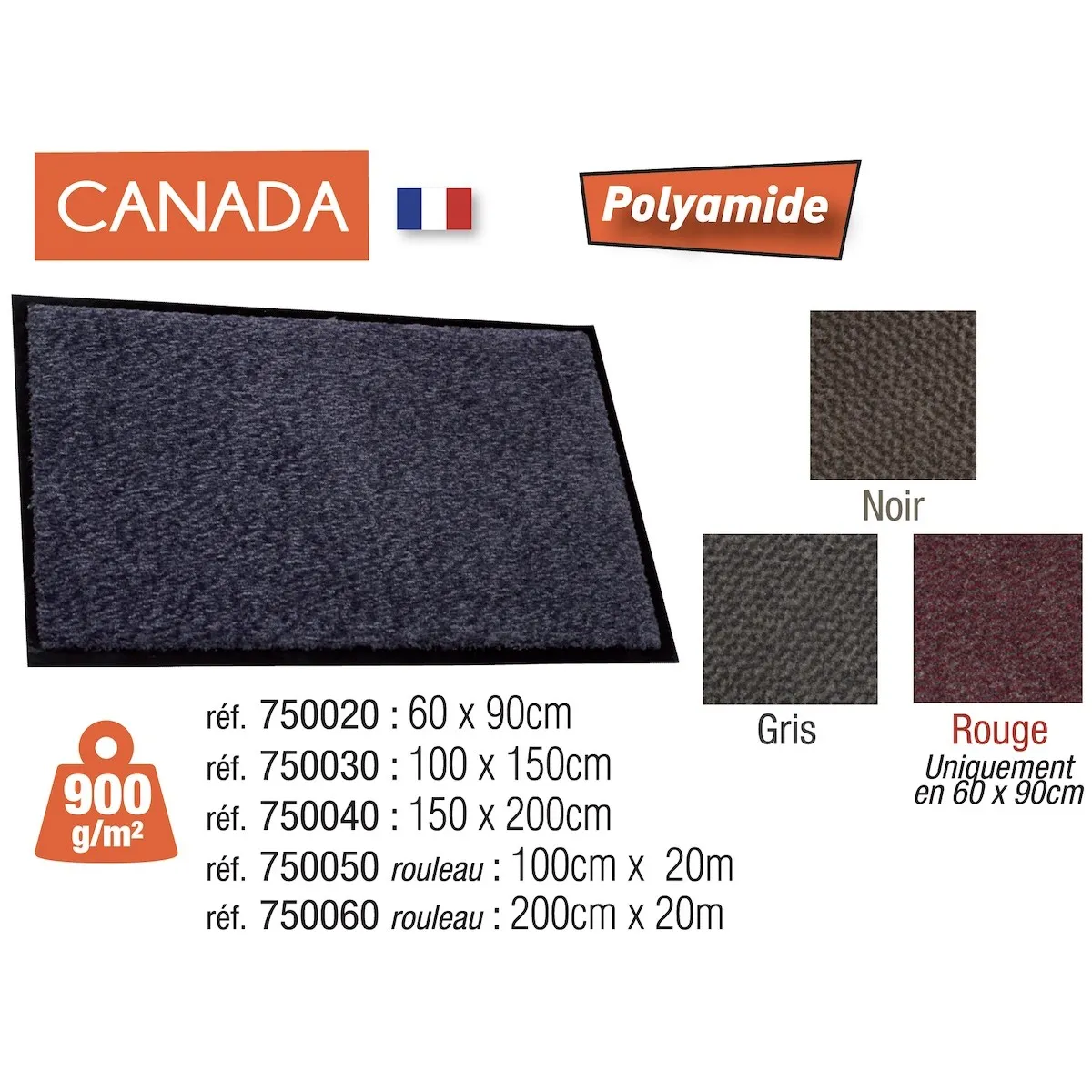 Rouleau 20m tapis de propreté CANADA pour le trafic intense, densité 900g/m²