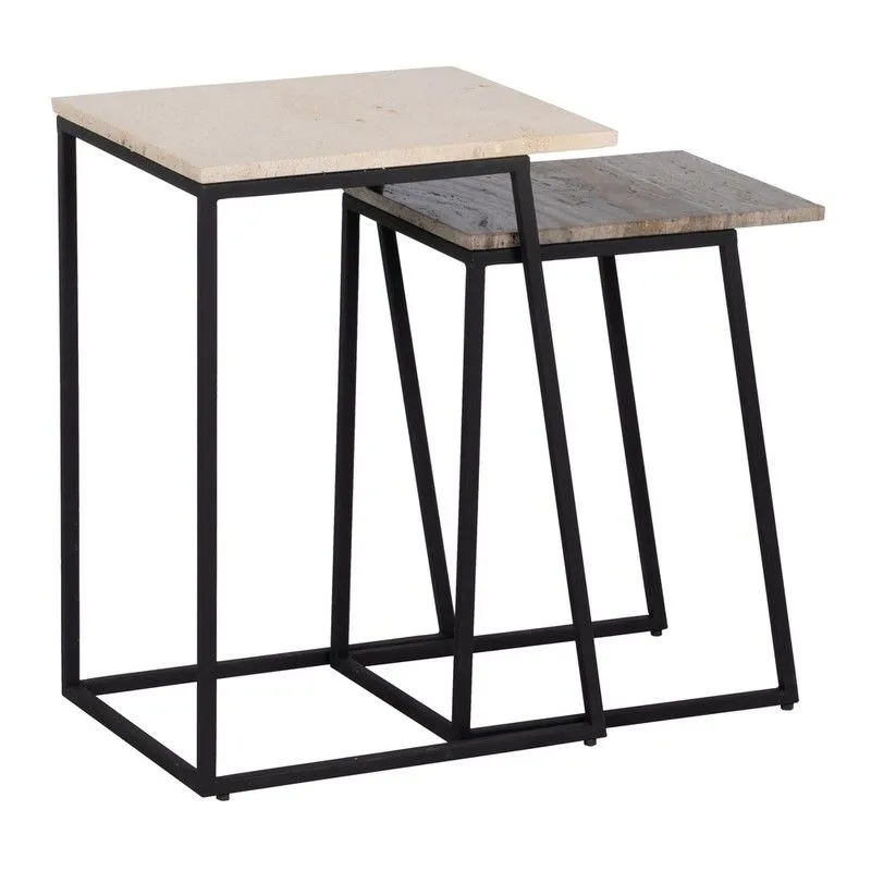 Lot de 2 tables d'appoint en marbre et fer crème, marron et noir, 45 x 35 x 63,5 cm