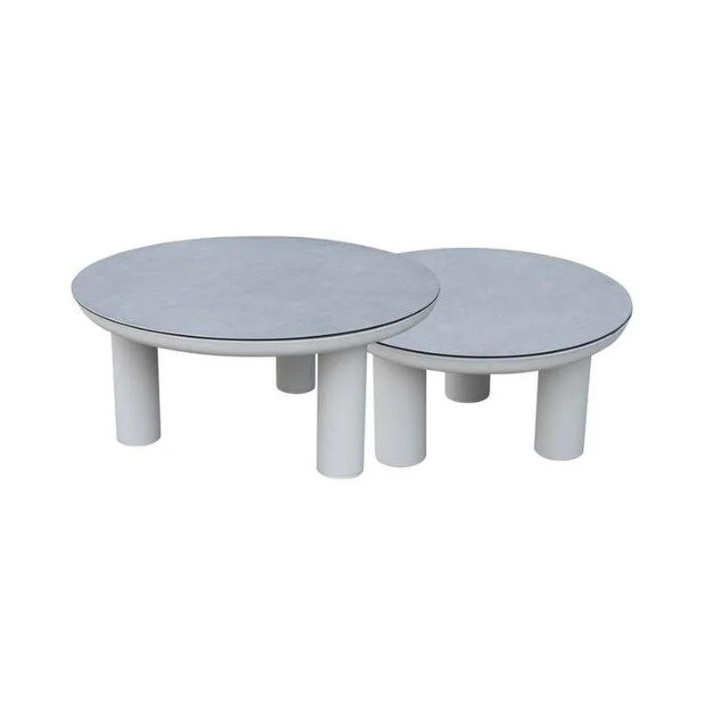 Ensemble de 2 tables basses d'extérieur en aluminium et verre céramique blanc et gris clair, 80 x 60 x 36 cm | Attique