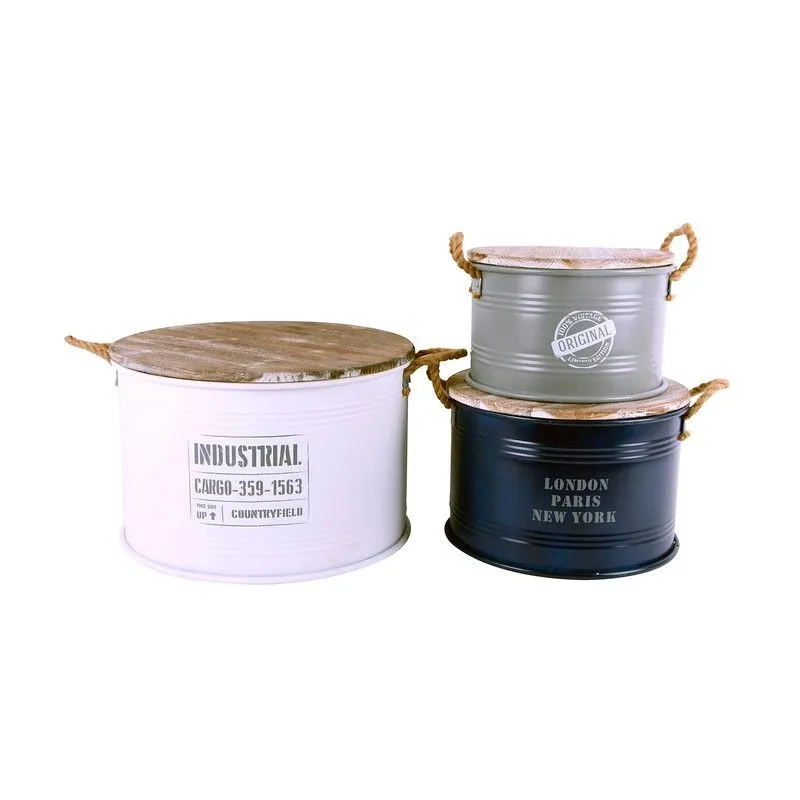 Set de 3 boîtes en métal blanc, bleu et gris, Ø50x33 cm