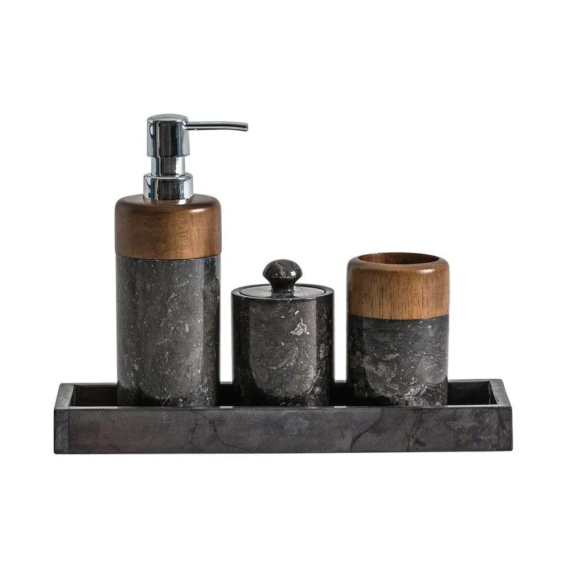 Ensemble de toilette 4 pièces en marbre noir/or et ébène, 27x10x24cm