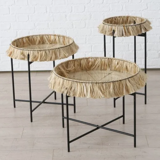 Set de 3 tables basses en verre, bambou et métal Banjar Noir / Naturel, Ø57xH48 / Ø47xH54 / Ø33xH65 cm