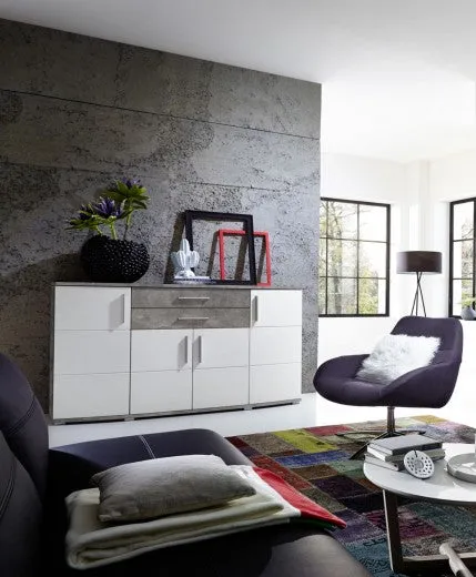 Commode en bois et MDF, avec 2 tiroirs et 4 portes Jenise Blanc / Gris, l171xA50xH102 cm