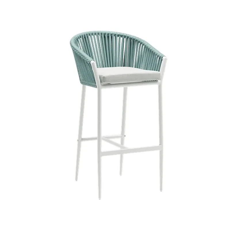 Chaise de bar d'extérieur avec accoudoirs en aluminium et corde en oléfine en blanc et aqua, 57 x 56 x 105 cm | Ukiah