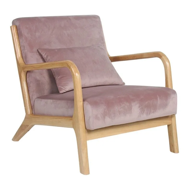 Fauteuil Risto rose pâle/naturel avec coussin en velours et bois, 66x84x74 cm