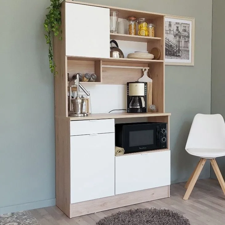 Vaisselier Lydia 100cm, 3 portes & 1 tiroir - blanc/décor de chêne