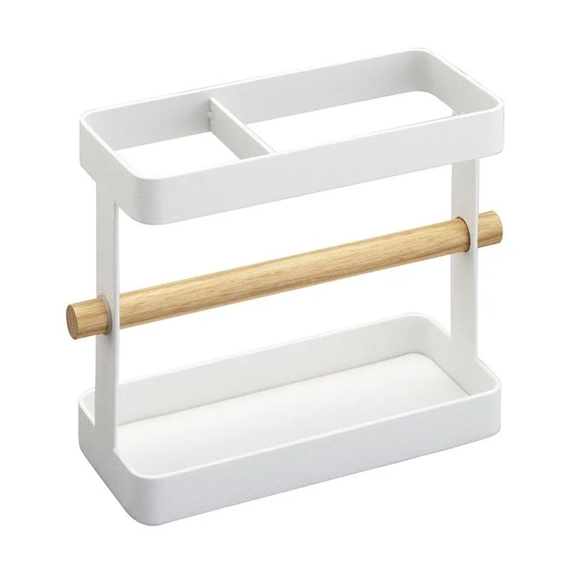 Porte-ustensiles de cuisine en acier et bois blanc et naturel, 20 x 7,5 x 14,5 cm | Tosca