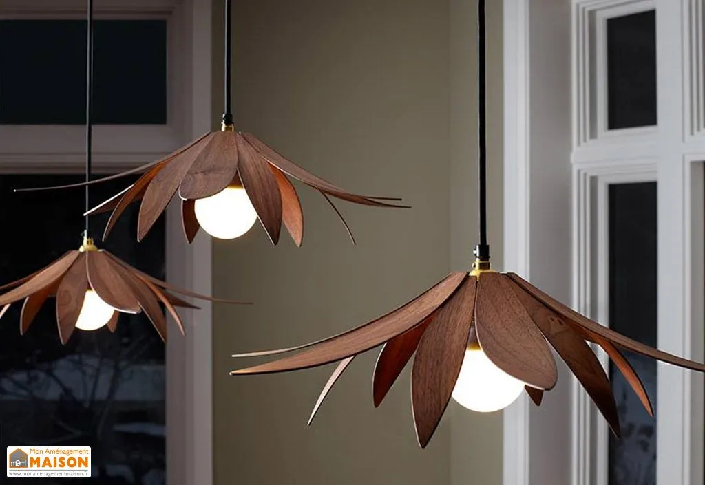 Lampe Suspension Design en Bois Lotus 70x18cm