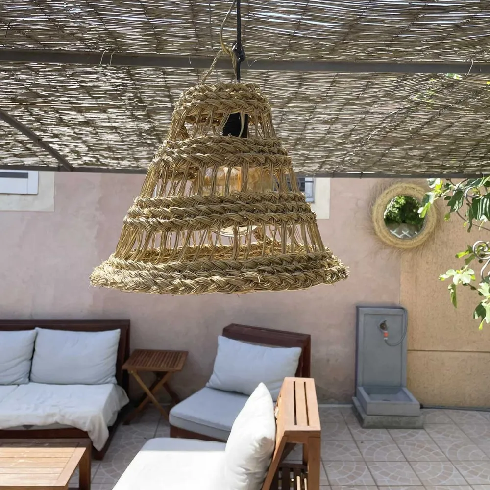 Abat-jour paille naturelle ajourée conique fibre alfa tressée
