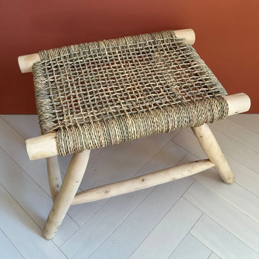 Tabouret Ethnique Marocain XL en Bois et Paille H. 42 cm
