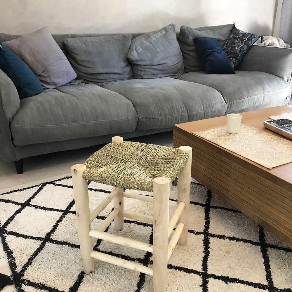 Tabouret Marocain taille L en Bois et Paille Hauteur 40 cm