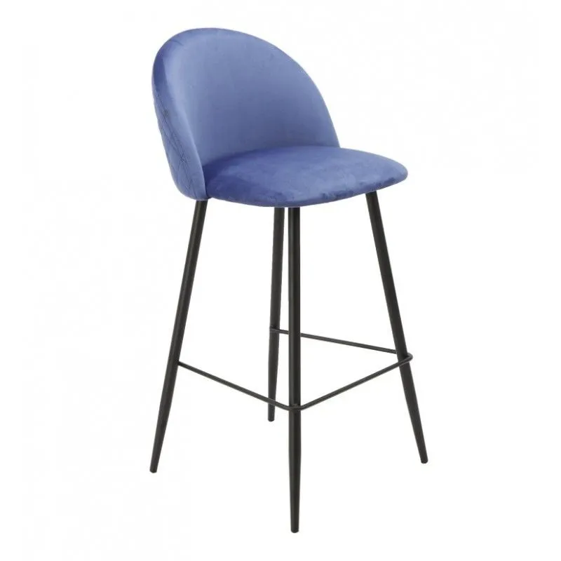Tabouret haut Magda avec dossier en velours et métal bleu/noir, 47x50x96 cm