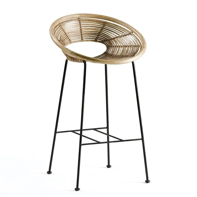 Tabouret haut en fer et osier naturel/noir, 55 x 52 x 95 cm