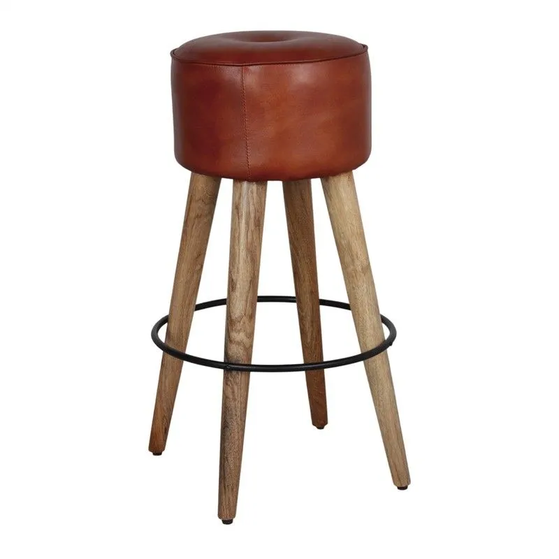 Tabouret haut en cuir marron et acier, Ø 40 x 75 cm | poulain