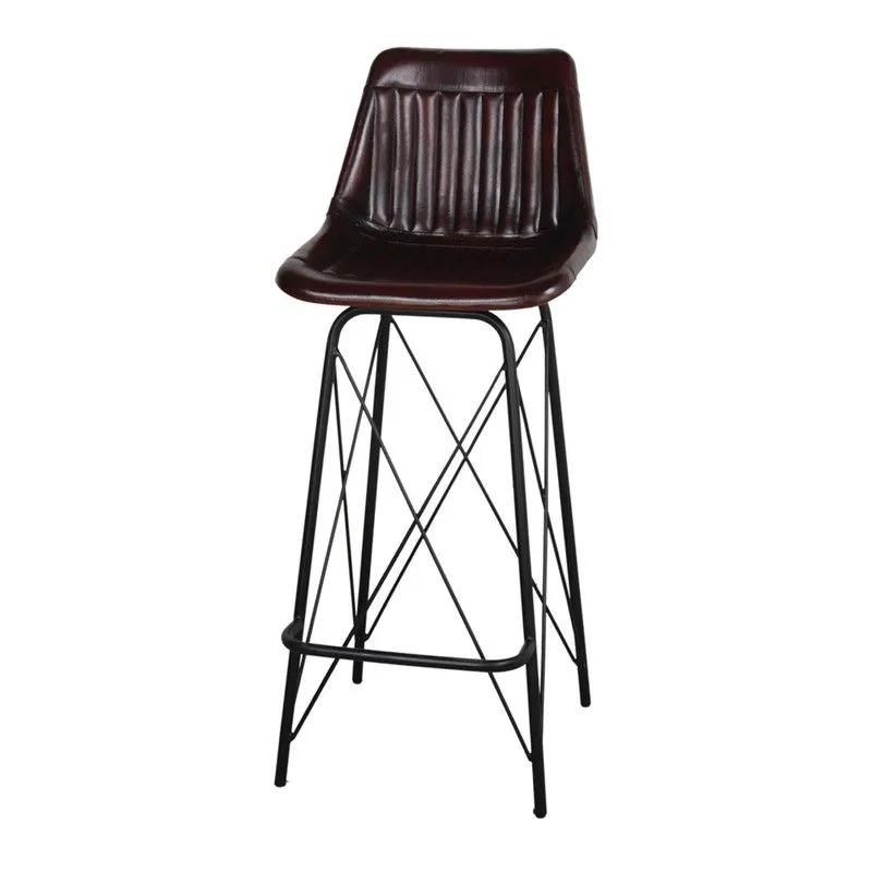 Tabouret haut en cuir et acier marron et noir, 46 x 58 x 110 cm | Garenne