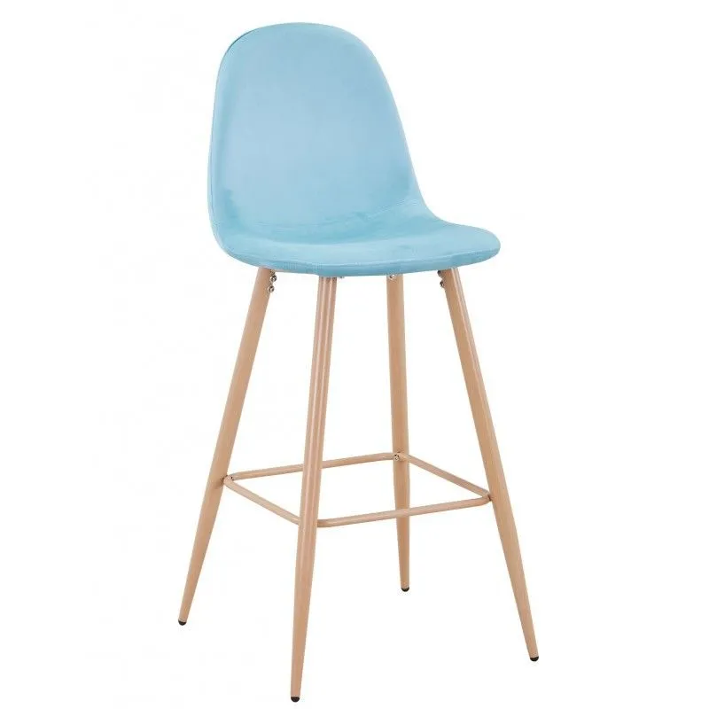 Tabouret haut Epoque en velours bleu clair/beige et métal, 51x52x109,5 cm