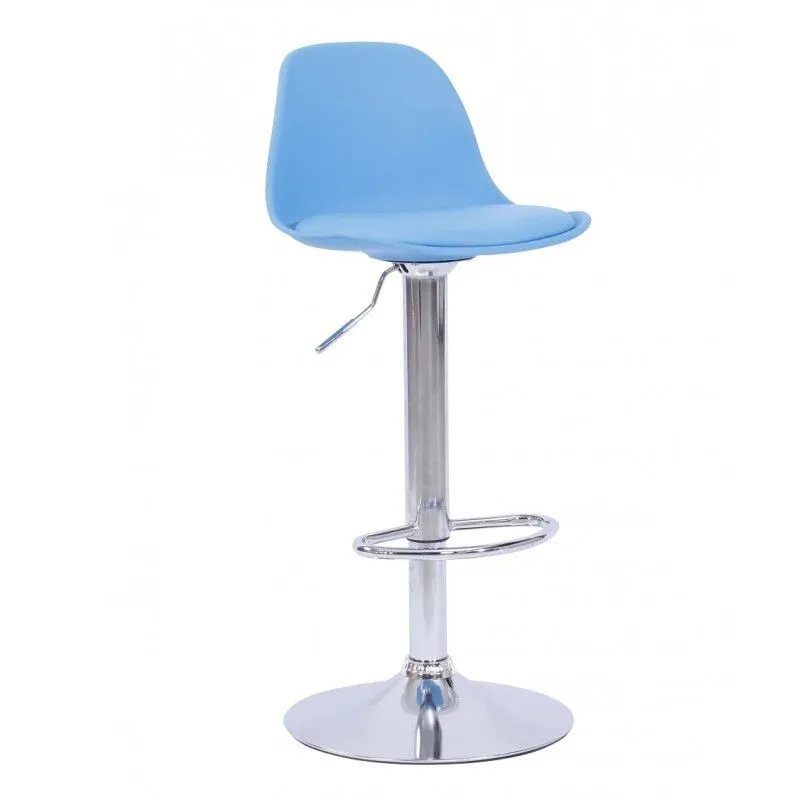 Tabouret Haut Ajustable avec Dossier Remorque en Plastique, Simili Cuir et Métal Bleu/Argent, 41'5x42x93/114 cm