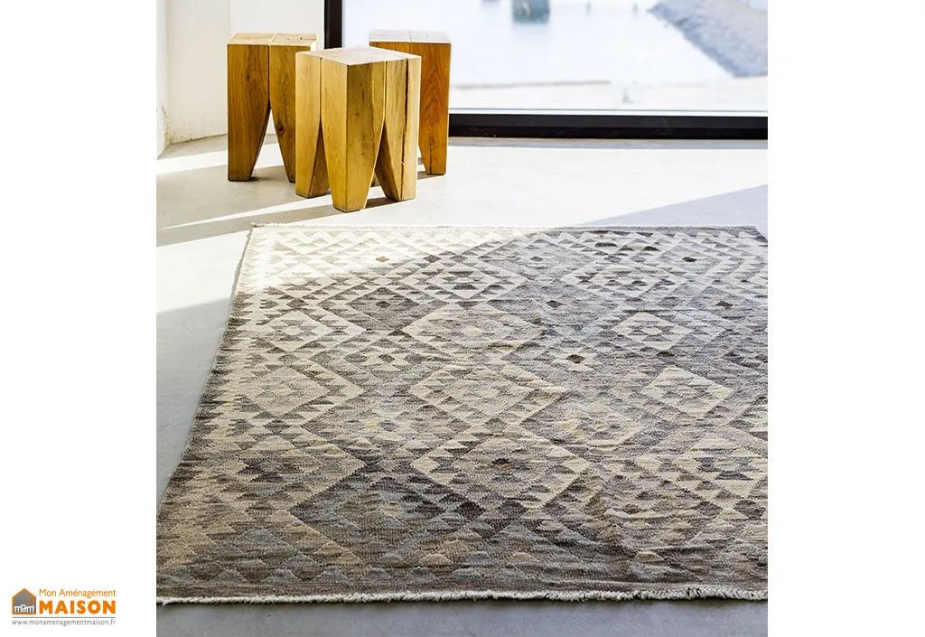 Tapis en Laine Afghane Kelim Gris (3 Tailles)