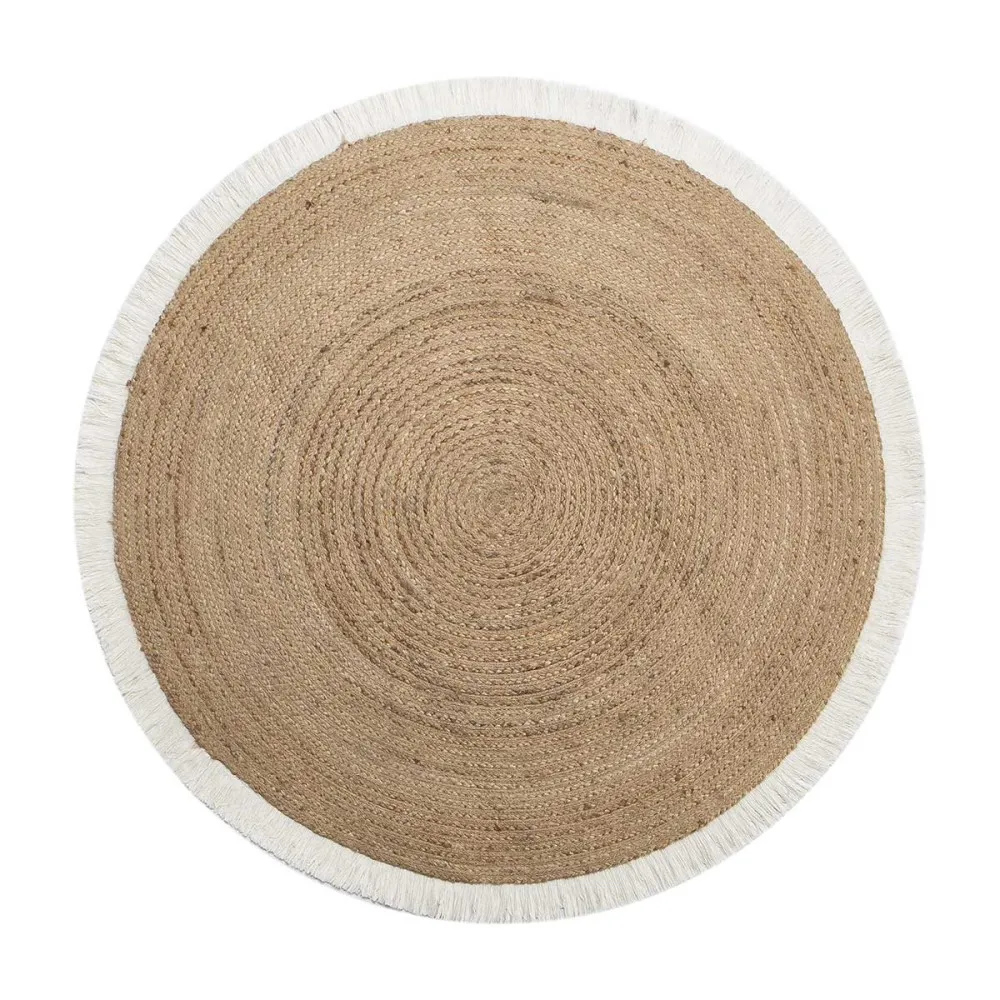Tapis rond en jute naturelle et franges blanches 120 cm