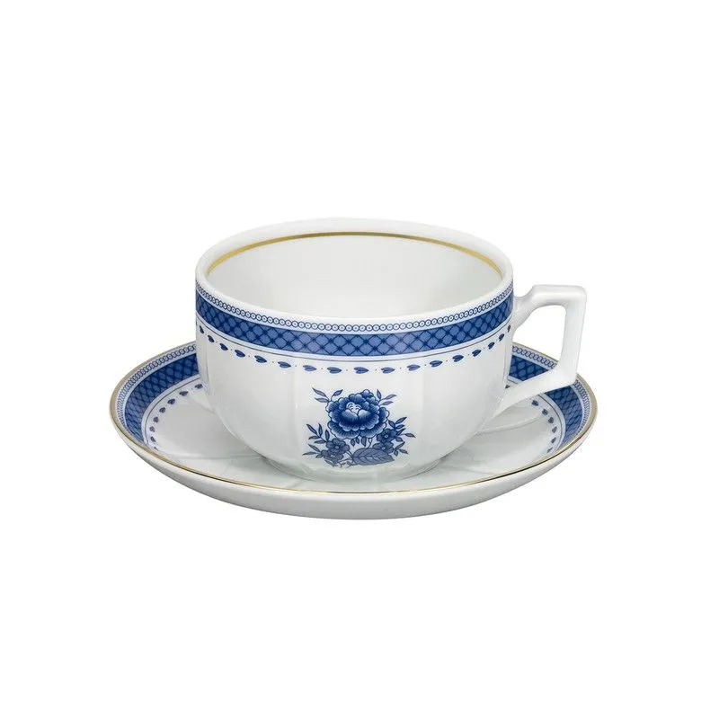 Tasse petit-déjeuner avec soucoupe en porcelaine blanche et bleue, 15,8 x 15,8 x 6,5 cm | Cozinha Velha