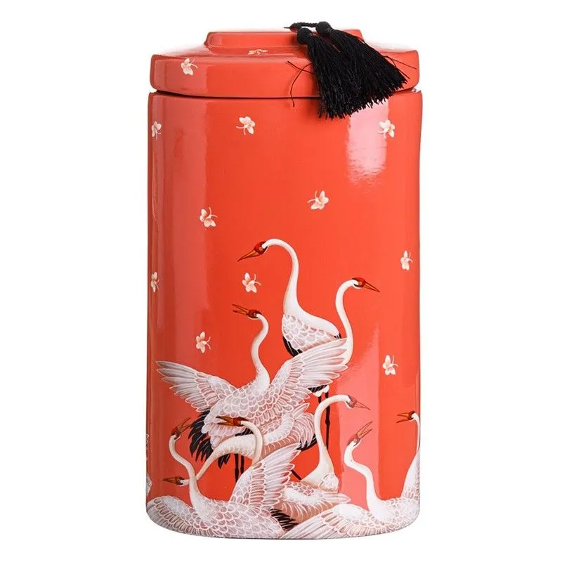 Tibor avec motif héron en céramique multicolore, 22 x 22 x 42 cm