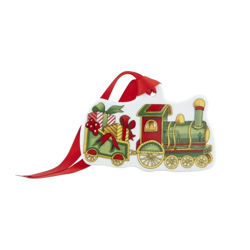 Train de sapins de Noël en porcelaine blanche, verte et rouge, 7,2 x 10,7 x 0,4 cm | magie de noël