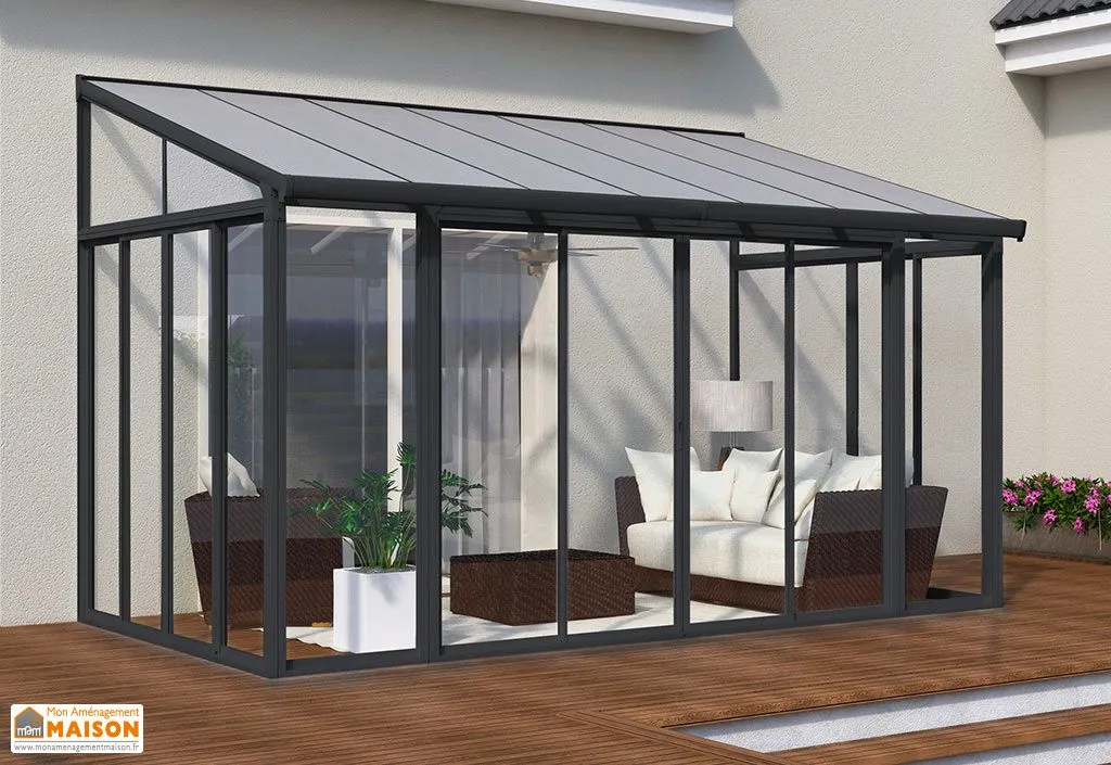 Véranda en aluminium et polycarbonate Sanremo grise - 5,46 x 2,77 m
