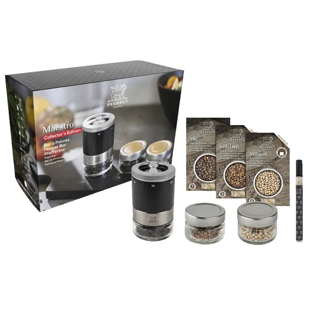 Coffret Maestro moulin à poivre noir mat + 3 poivres