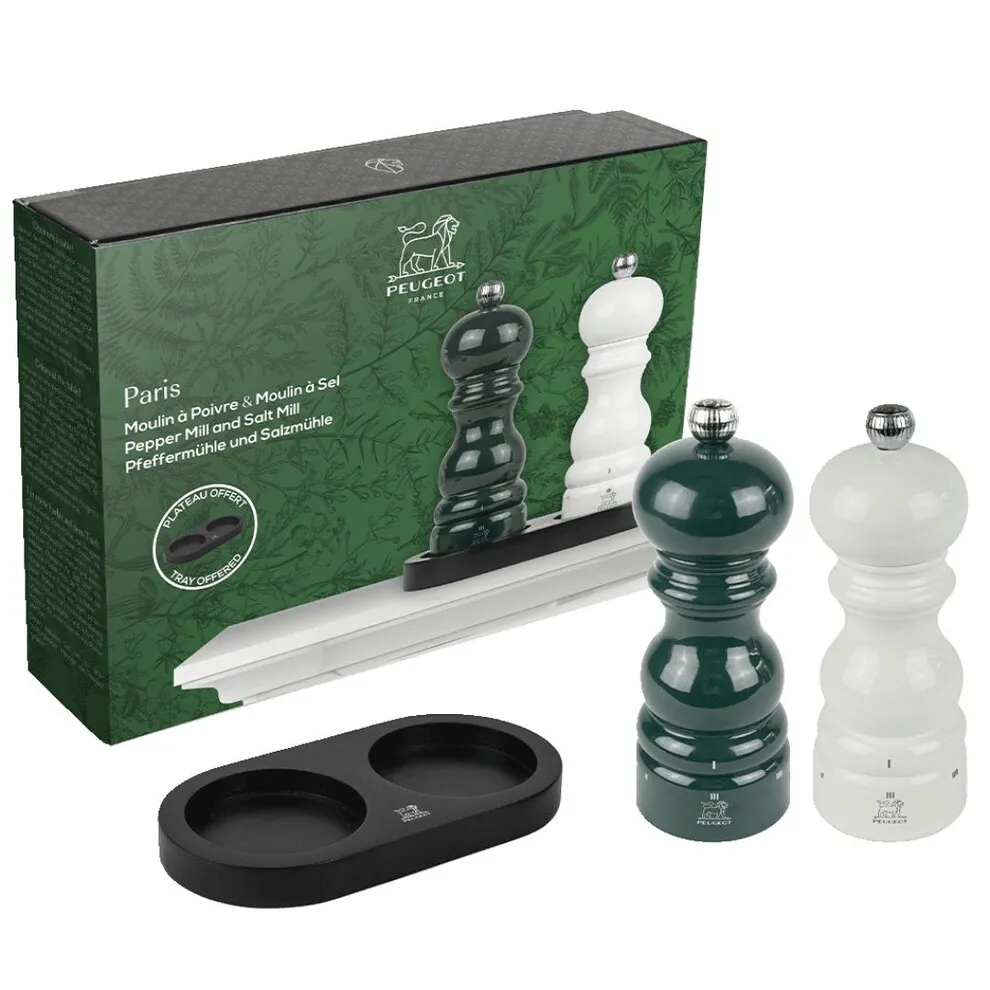 coffret paris moulin à poivre forêt + moulin à sel ivoire et plateau bamboo noir
