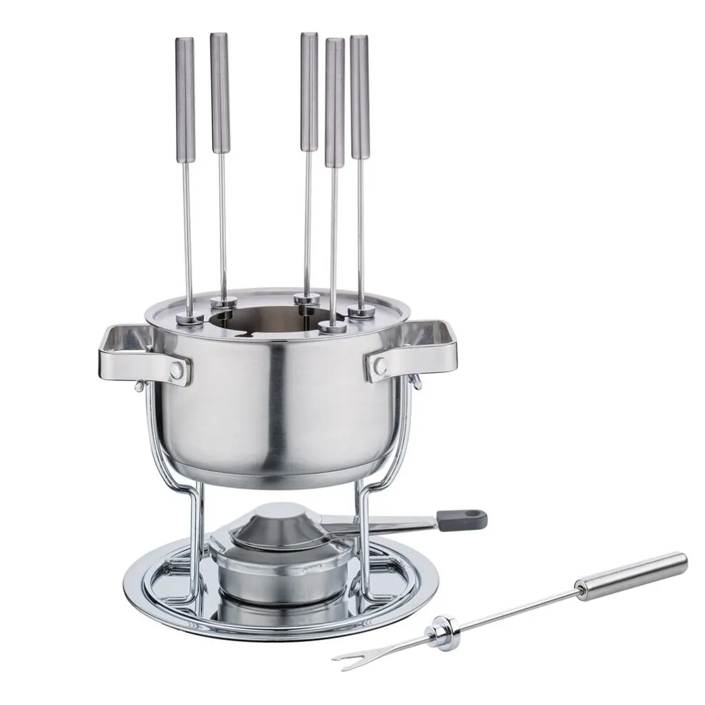 Service à fondue inox avec caquelon, réchaud & fourchettes pour 6 personnes