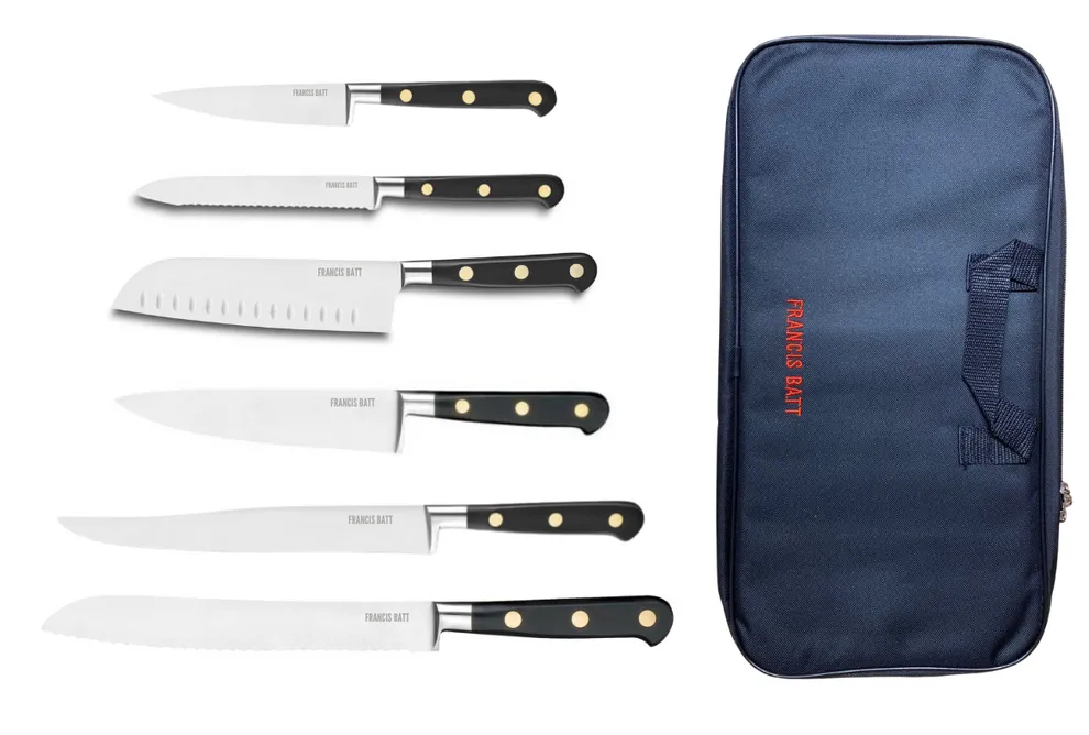 Set de 6 couteaux forgés noirs rivets laiton avec mallette de 6 places